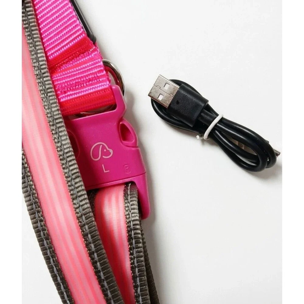 LED Lighted Safety Dog Collar Pink Size L USB Rechargeable Adjustable Nylon